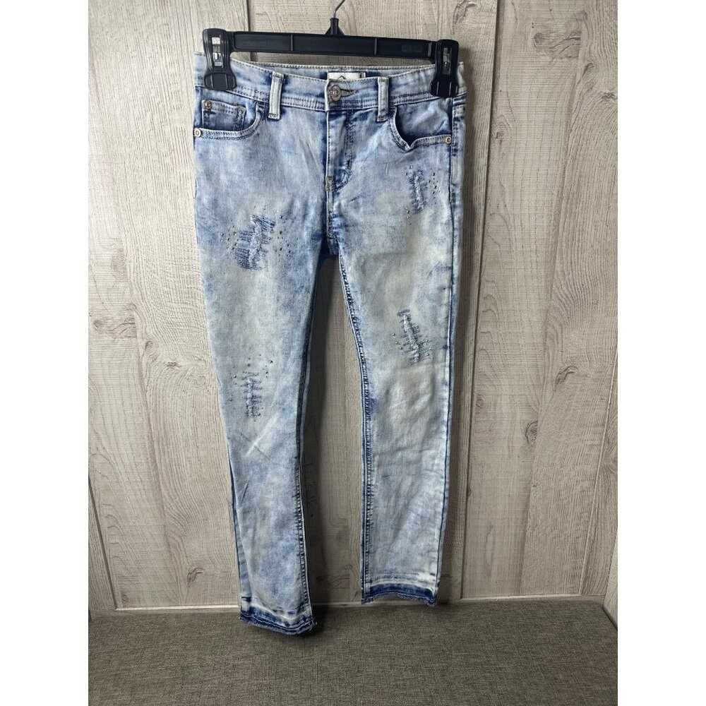 Jordache Girls Acid Wash Distressed Skinny Jeans W/ Rhinestone Details Size 10